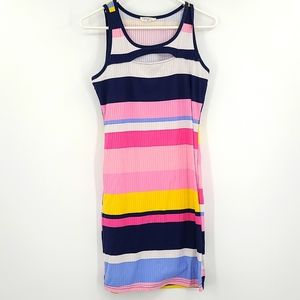 Full Circle Trends Large Pink Blue White yellow striped sleeveless mini dress